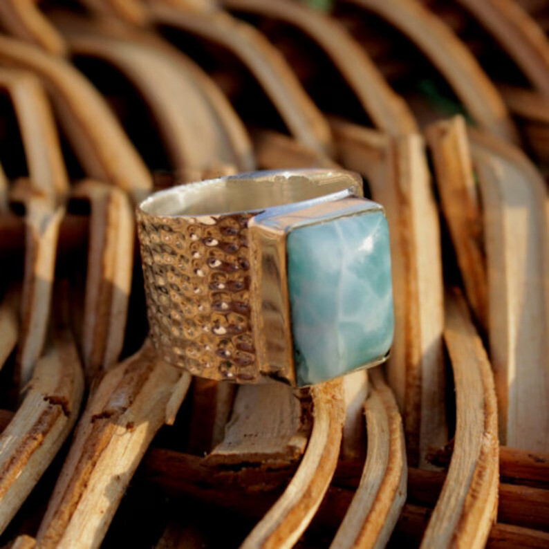 Larimar Gemstone Solid 925 Sterling Silver Statement Handmade Ring, All Size M20