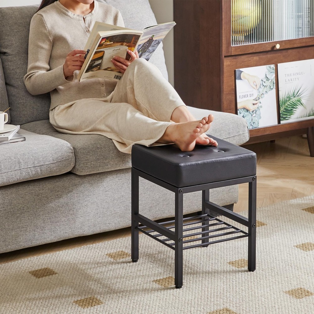Square Makeup Stool Adjustable Feet Storage Space Footrest Chair PU Vanity