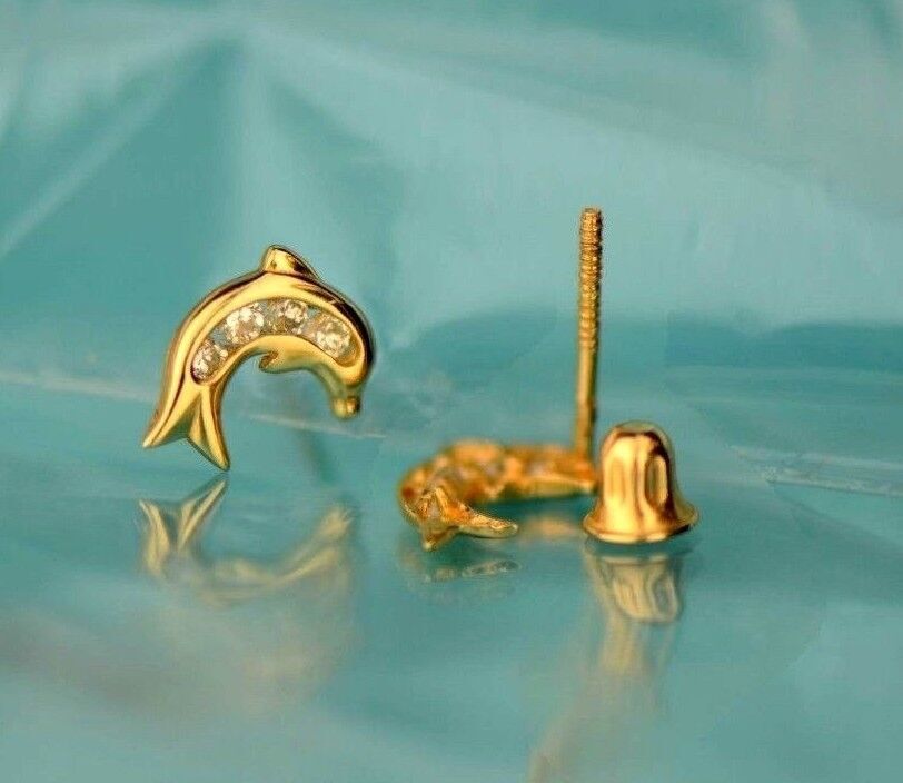 14k Yellow Gold CZ Dolphin Stud Earring