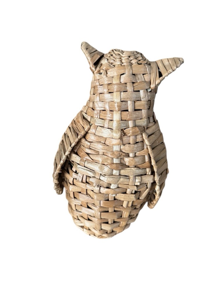 Vintage Mid Century Wicker Owl 10” Button Eyes