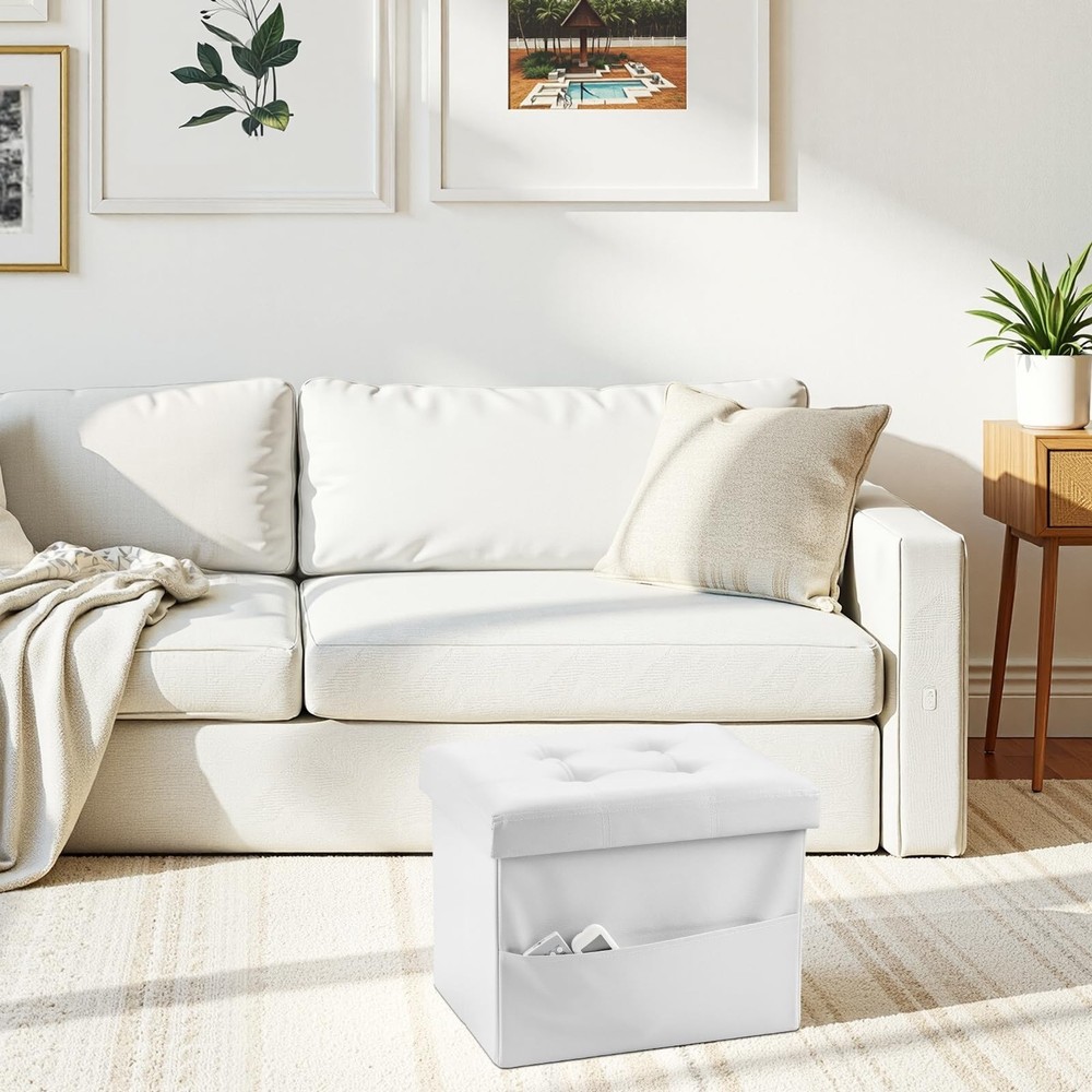 Storage Ottoman Folding Foot Rest Stool with Side Pocket, 17 inch Leather Foo...