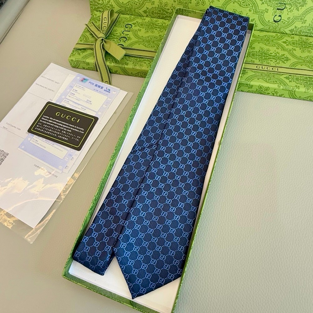 Blue Gucci GG Pattern 100% Silk Tie With Box