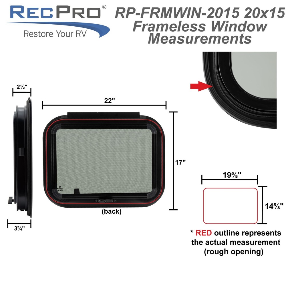 RecPro Frameless RV Window | Trim Ring Included (20" x 15")
