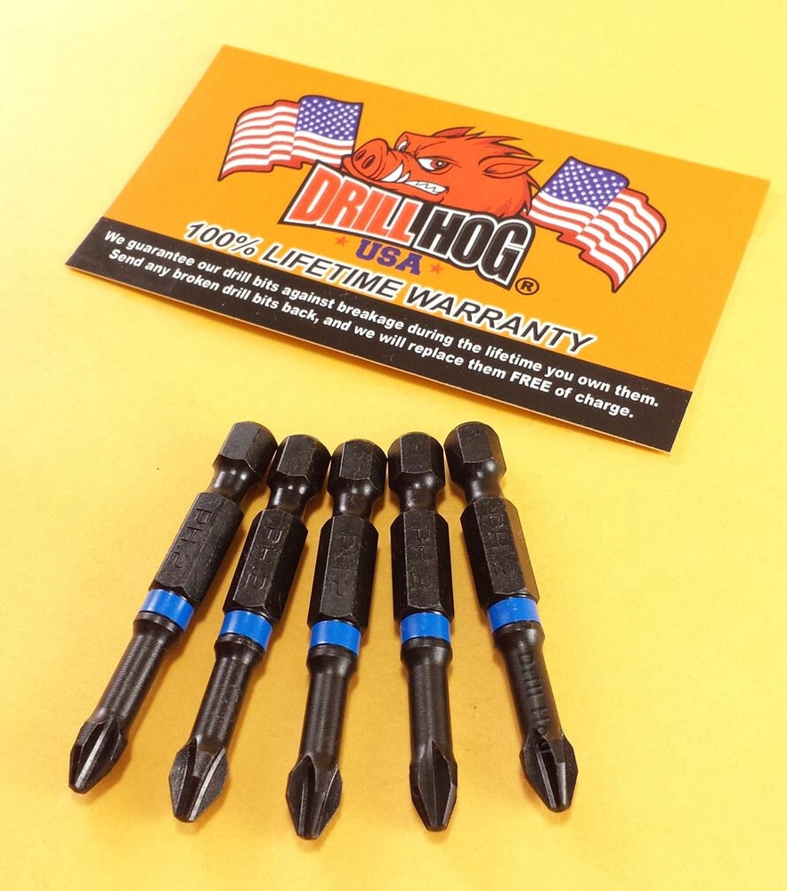 Drill Hog® #2 Phillips Insert Bits 2x2 Power Bits Impact Lifetime Warranty 5 Pc