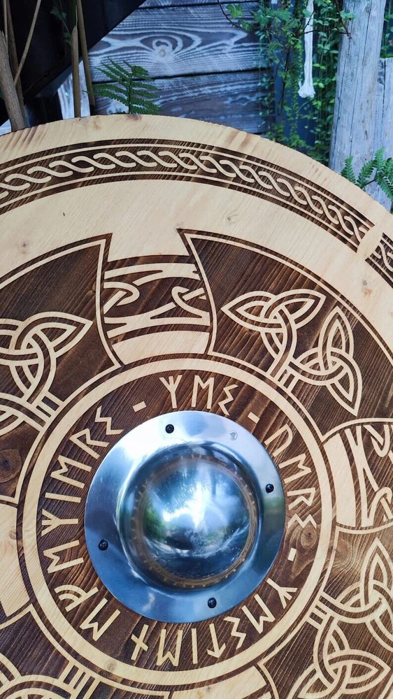 24'' Handmade Viking Shield, Wooden Shield in Solid Spruce Engraved Shield.