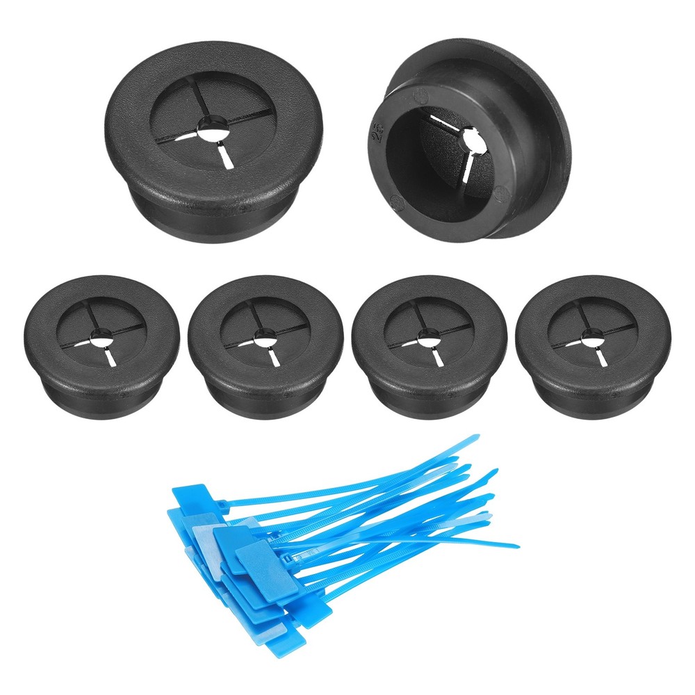 6Pcs Cable Cord Grommet, 1"(25mm) Rubber Grommets with Cable Ties, Black