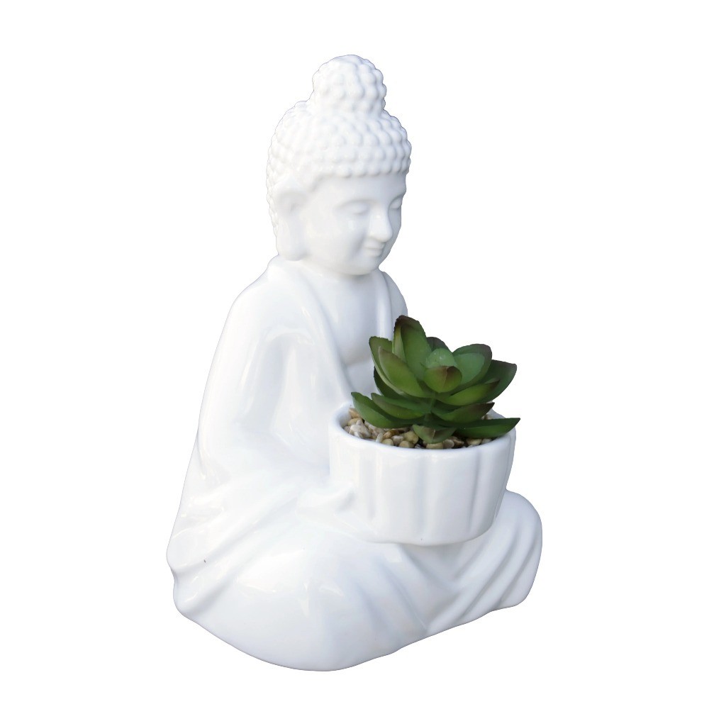 Artificial Succulent Arrangement in White Ceramic Planter with Buddha Design