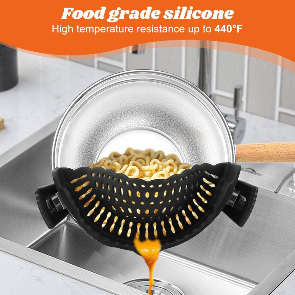 Clip on Strainer with Scraper,Silicone Strainer for Pots and Pans Adjustable Pas