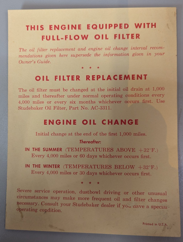 Studebaker Full Flow Oil Filter Card