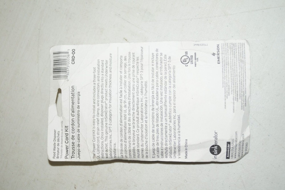 InSinkErator CRD-00 Power Cord Kit NEW