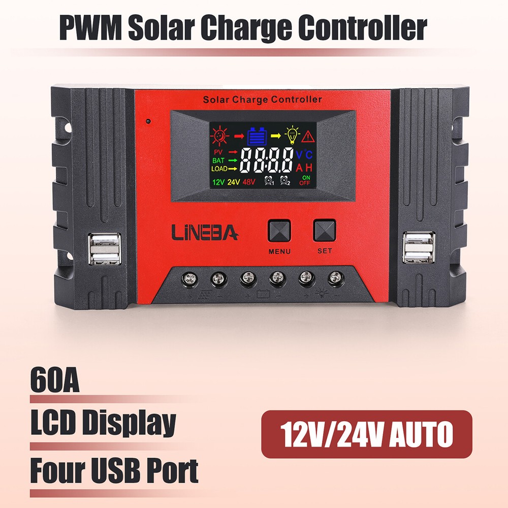 100A PWM Solar Panel Charge Controller 12/24/48V Auto LCD Display 4USB Timer Set