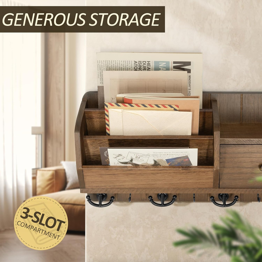 Key and Mail Holder Wall Mount - Mail Organizer Wall Mount with Storage Hooks an