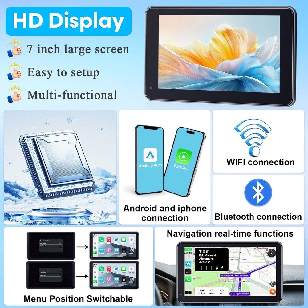 Carplay for Apple Portable Car Screen: Easy Setup 7 Inch Android Auto - Wirel...