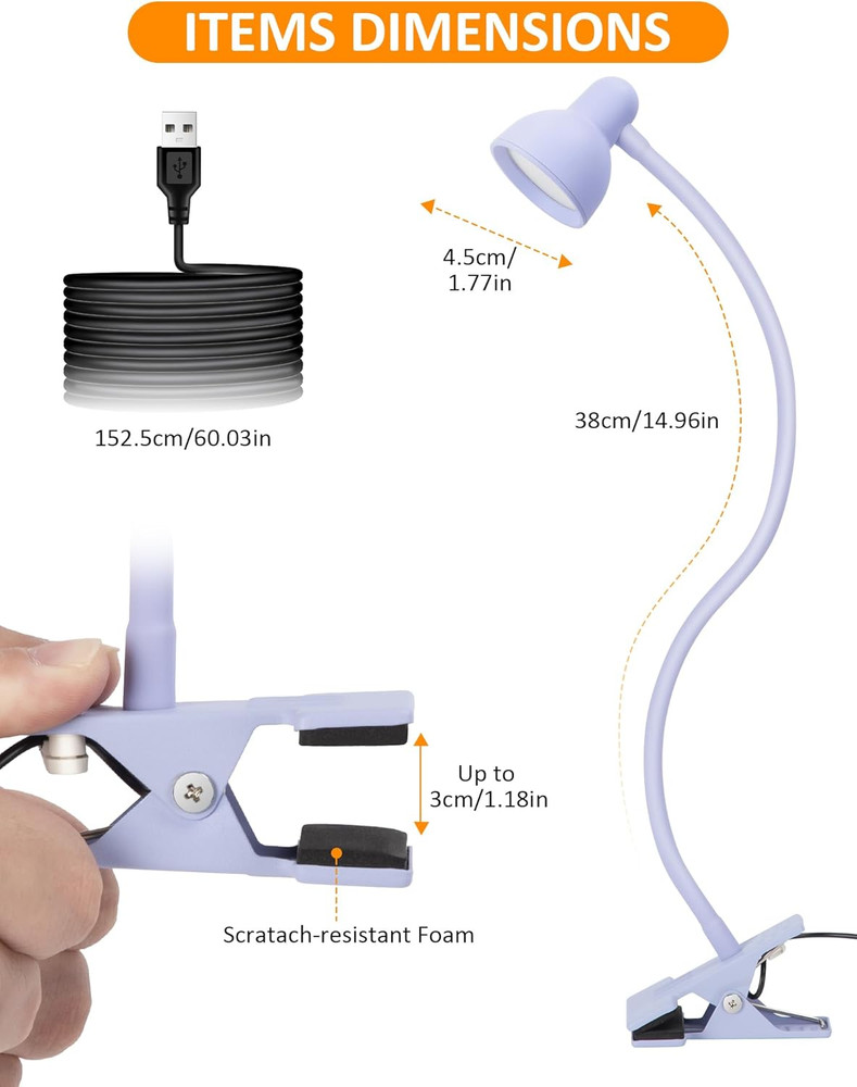 Clip on Lamp USB Reading Light, 3 Color Modes, 10 Brightness Dimmable, Flexible