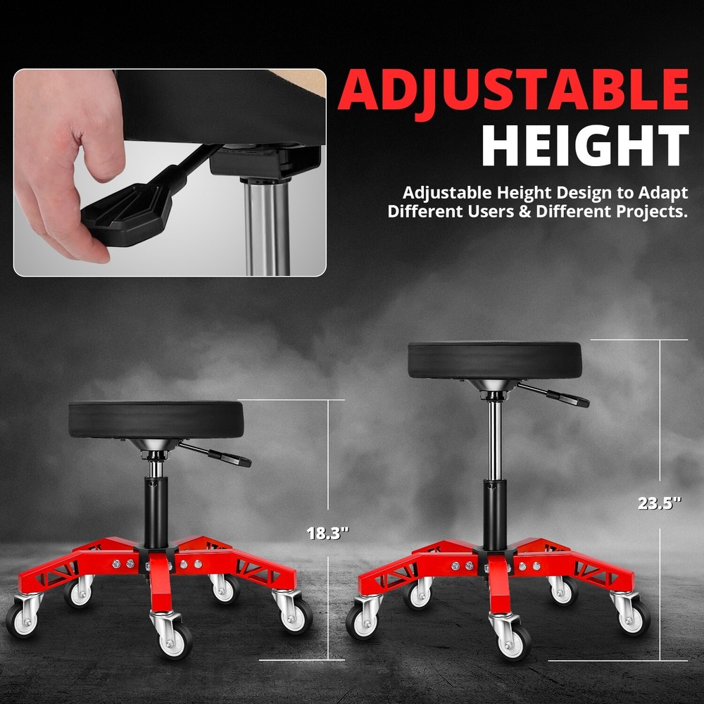 Adjustable Height Mechanics Rolling Seat Creeper Garage Stool Work Chair Red