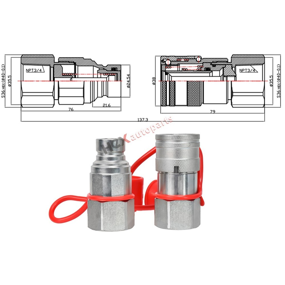 2 sets 3/4" NPT Thread Flat Face Hydraulic Quick Couplers Set Bobcat Skid Steer