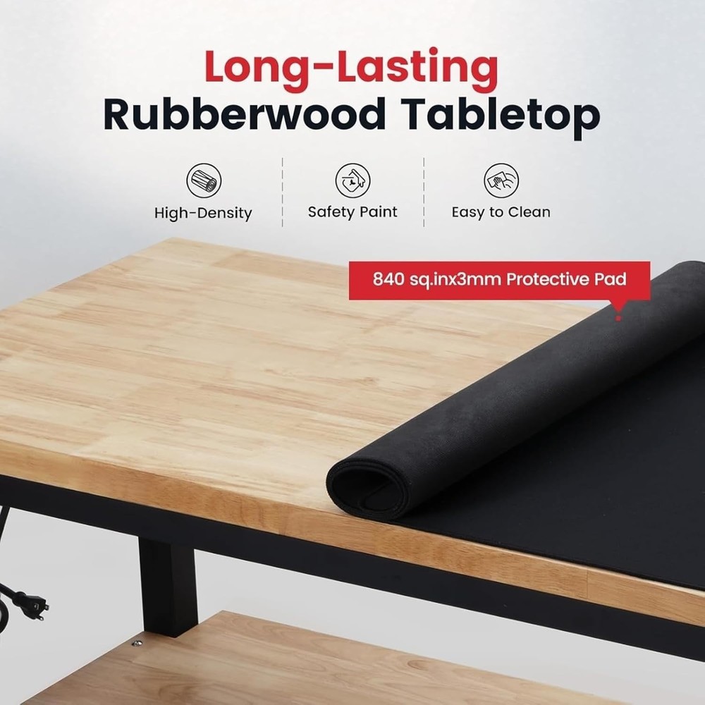 Workbench with Double Layers 48 x 20 Inch Heavy Duty Rubberwood Tabletop Work...