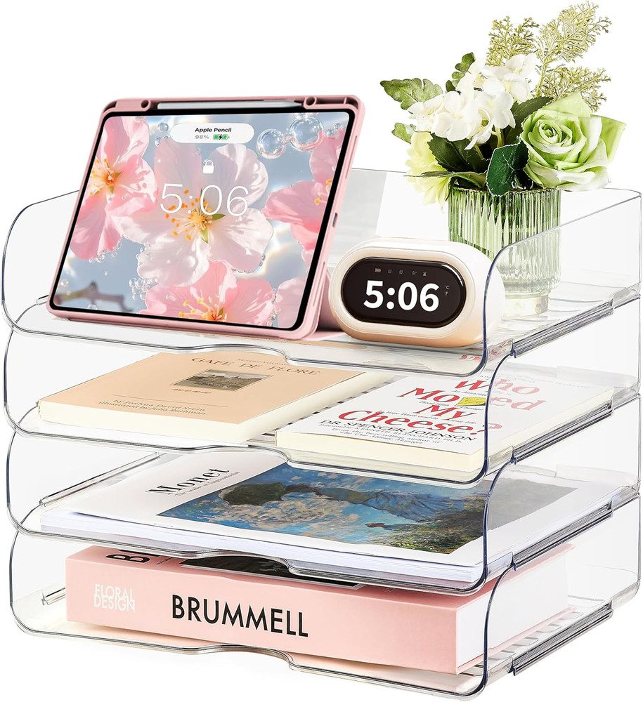 4-Tier Large-Capacity Paper Organizer Clear Stackable Desk Organizer Acrylic