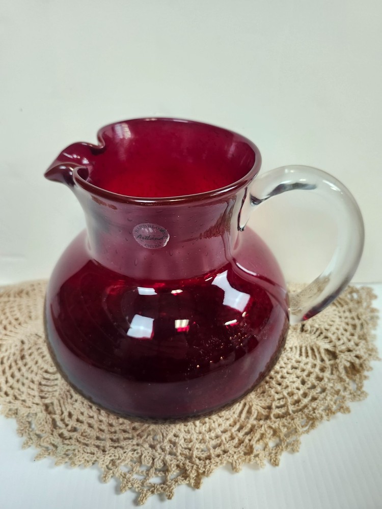 Artland Iris Ruby Red Hand Blown 80 oz Pitcher – 7.25" Tall, Seeded Bubbles
