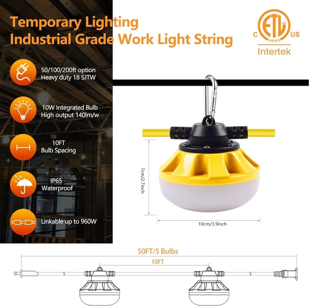 50ft Construction String Lights LED for Construction Sites Walkways Crawlspaces