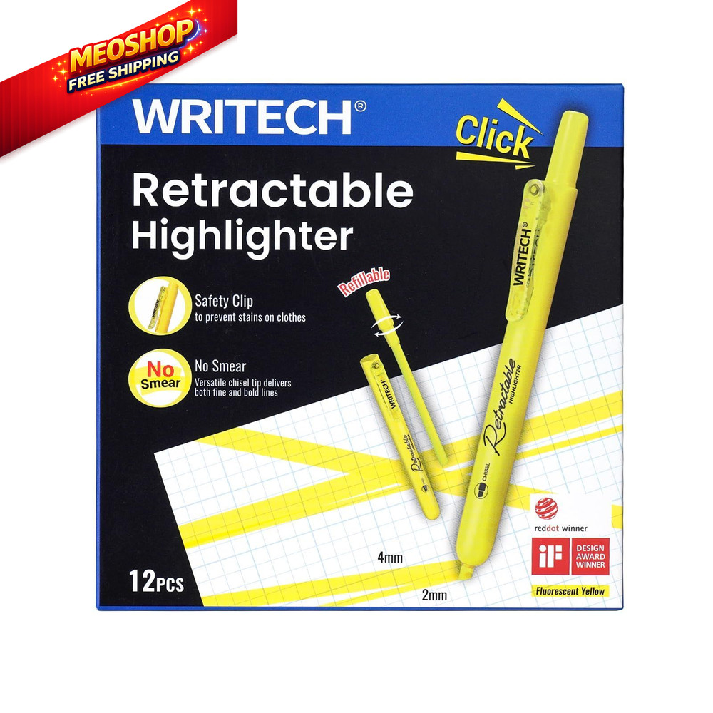 WRITECH Retractable Highlighters Chisel Tip: 1 Count (Pack of 12), Yellow