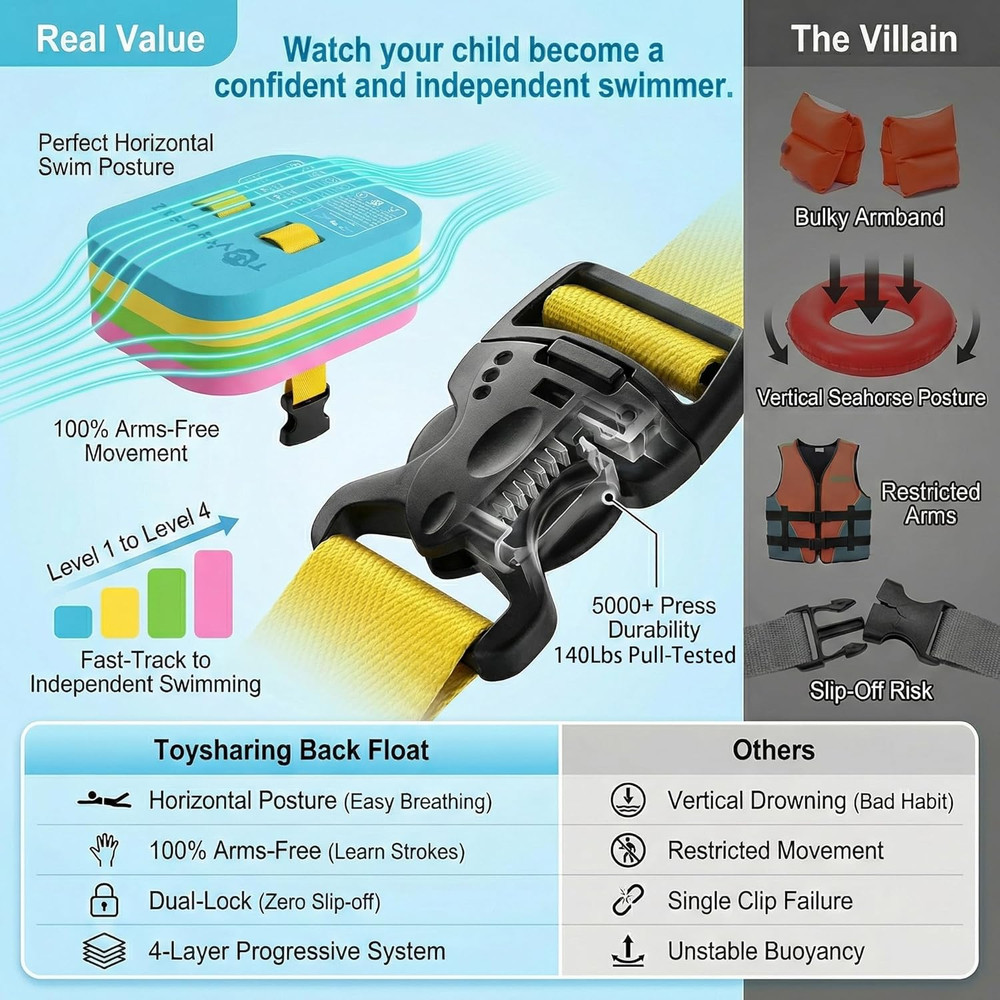 Swim Float Kids Back Belt: Pool Safe Dual-Lock Buckle 140Lbs Pull-Tested - Zero