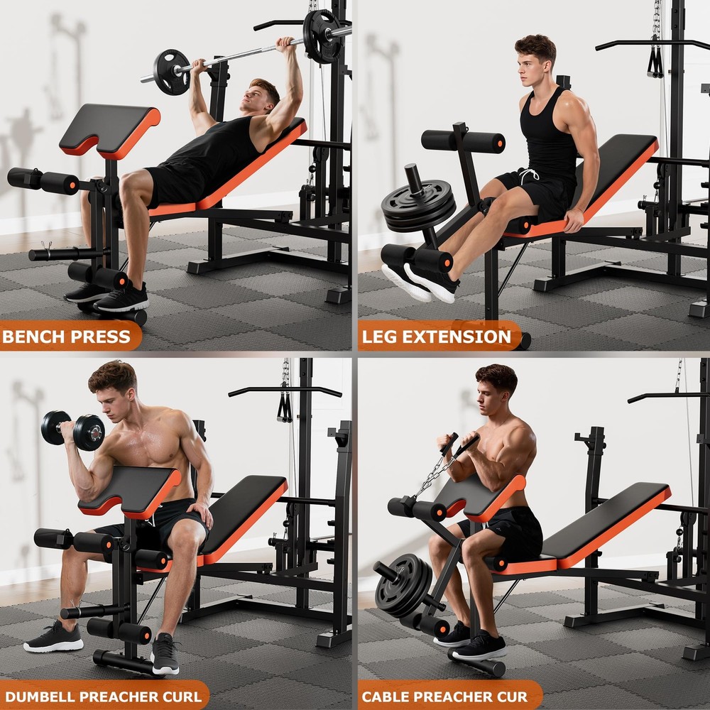 9-in-1 Adjustable Olympic Weight Bench with Lat Pulldown, Row, Squat Rack & L...