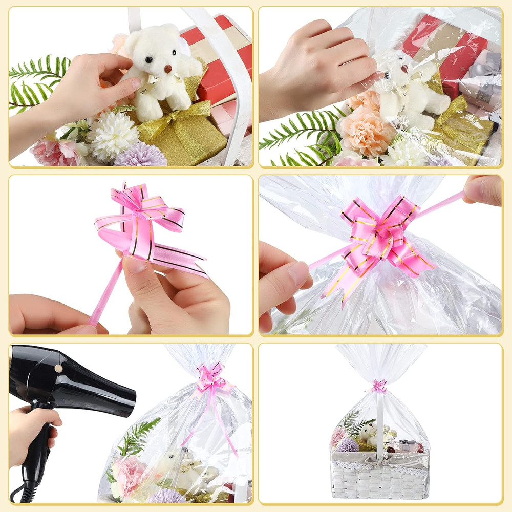100 Clear Shrink Wrap Bags w/ Bows – 3 Sizes for Gift Baskets & Packaging