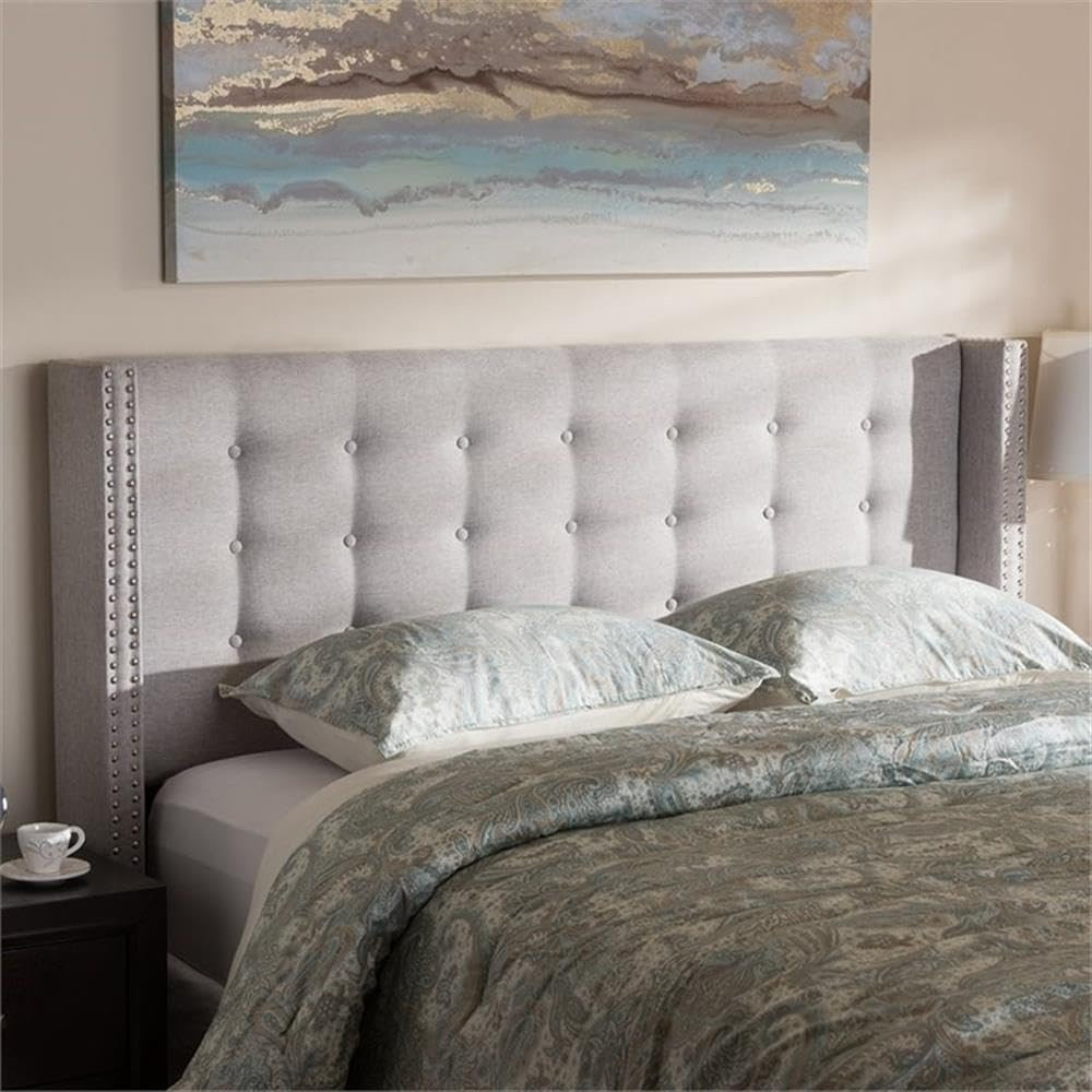 Queen Winged Panel Headboard, 66.34 in Wide, Grayish Beige Polyester Upholstery,