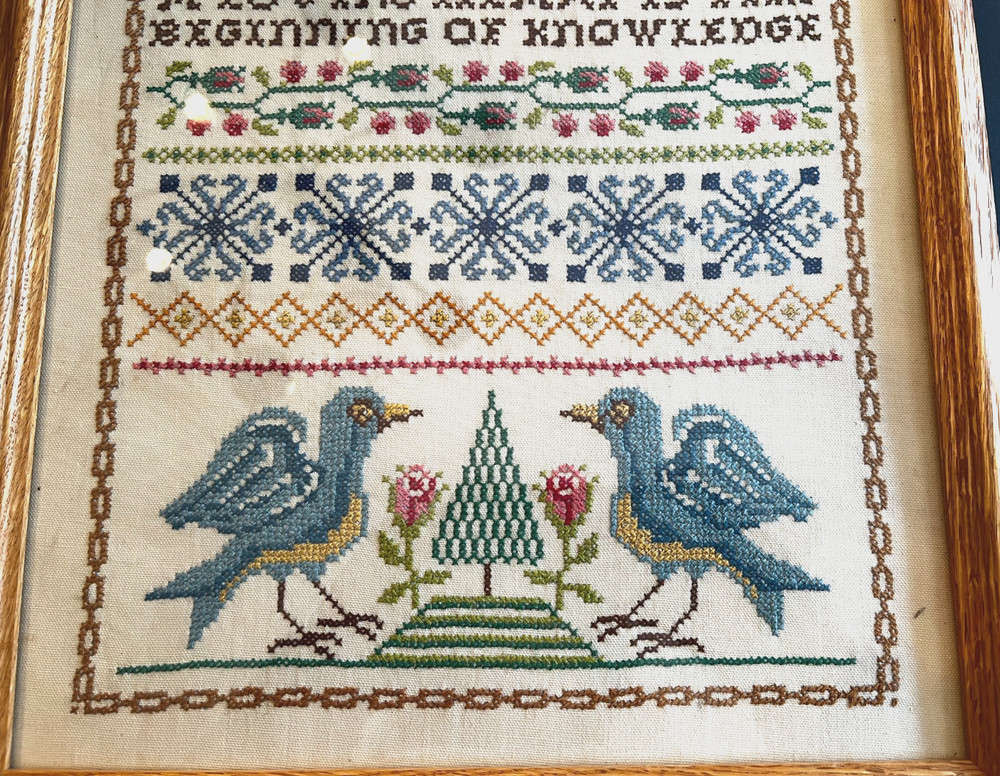 Vint Finished Completed Framed Cross Stitch Colonial Sampler Needlepoint Linen