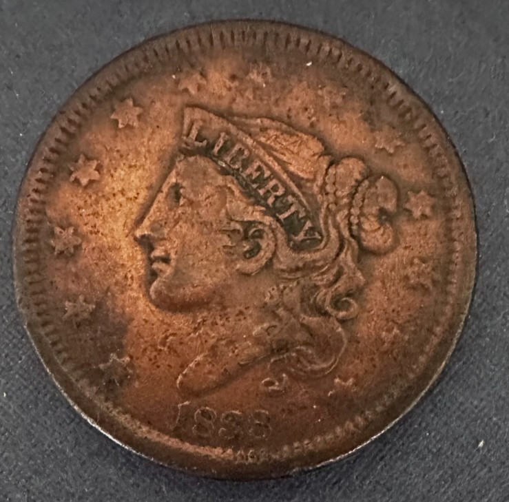 1838 1C Coronet Head Large Cent Coin - Very Fine VF