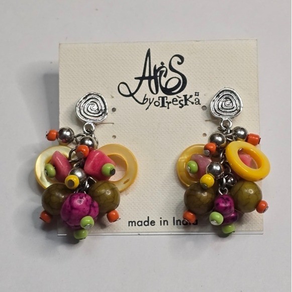 Aris by Treska Multicolor Beaded Cluster Dangle Earrings Boho Statement India
