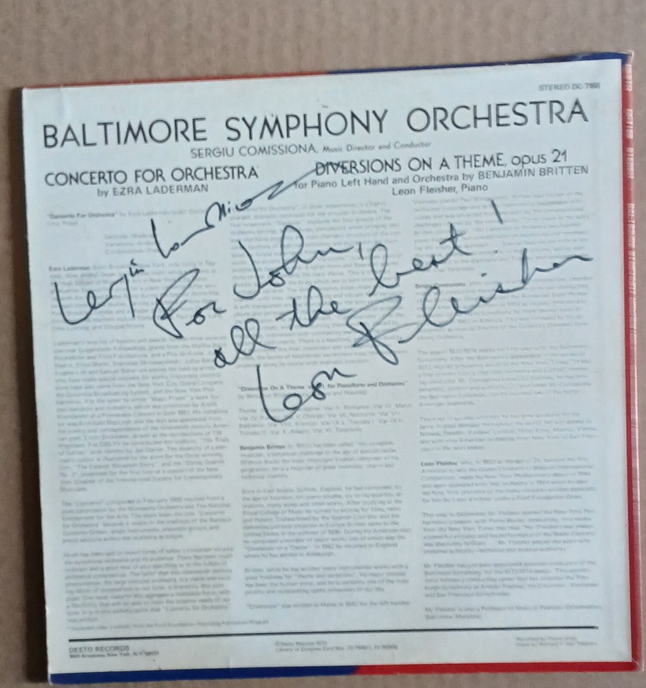 LEON FLEISHER & SERGIU COMISSIONA - SIGNED - BSO VINYL RECORD +