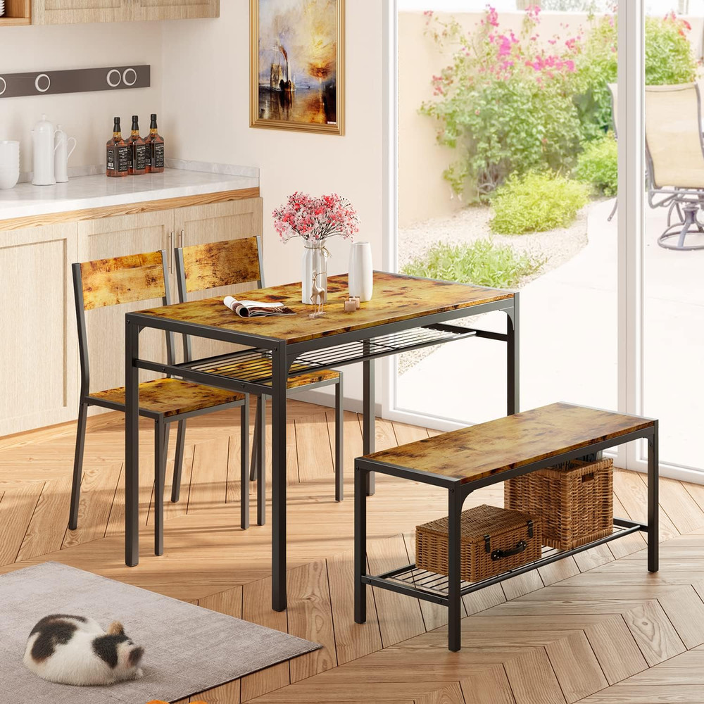 Kitchen Table and 2 Chairs for 4 with Bench, 4 Piece Dining Table Set for Small