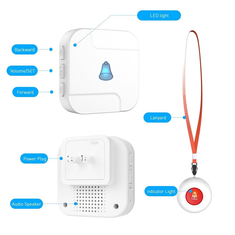 Wireless Caregiver Pager System with Call Button for Elderly at Home - Emergency