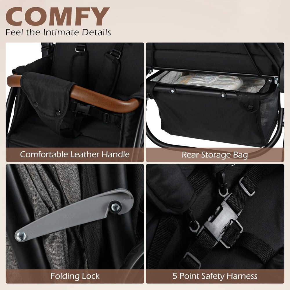 Compact Double Stroller with Adjustable Canopy, Harness & Storage Basket