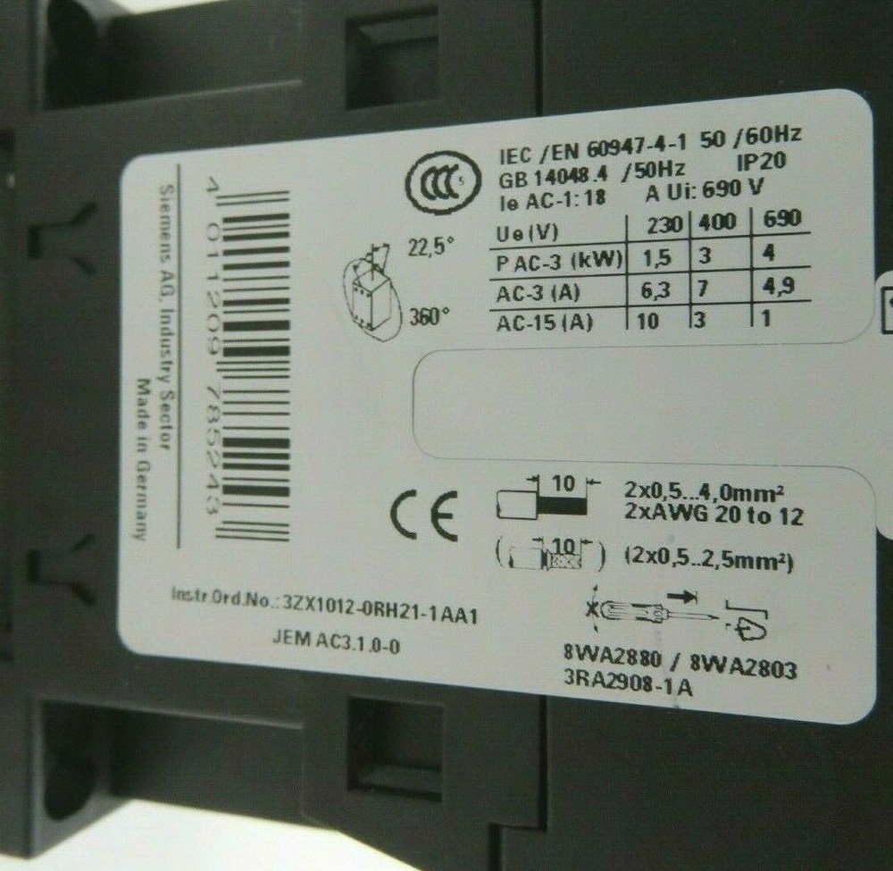 Siemens 3RT20152BB41 Sirius Contactor