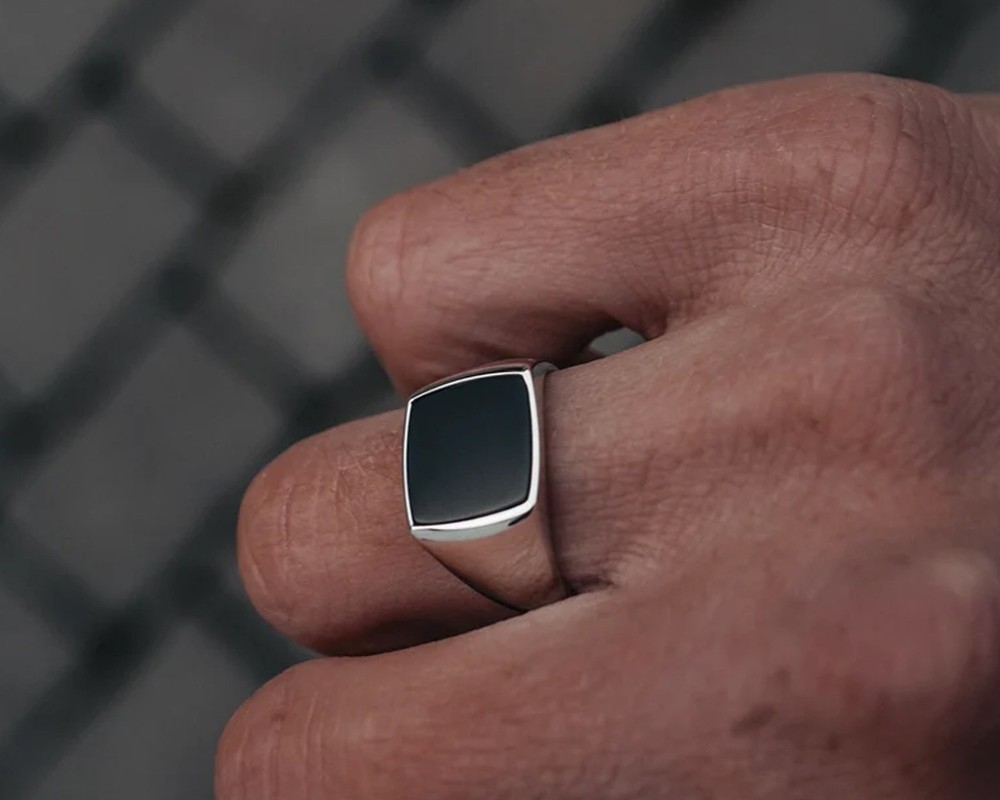Solid 925 Sterling Silver Black Onyx Square Gemstone Men’s Signet Band Ring