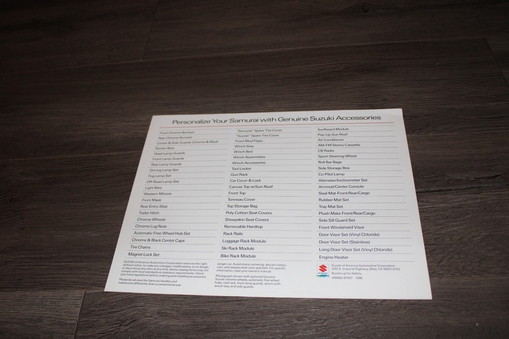 1987 Suzuki Samurai single sheet genuine accessories brochure