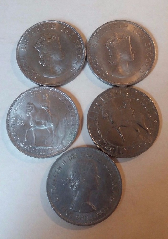 SET OF FIVE - FIVE SHILLING COINS
