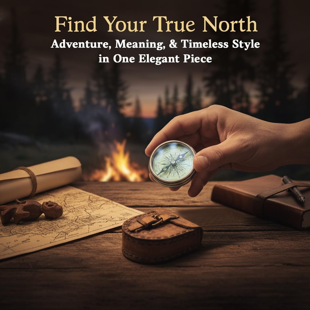 Antiqued Brass Poem Compass with Leather Case