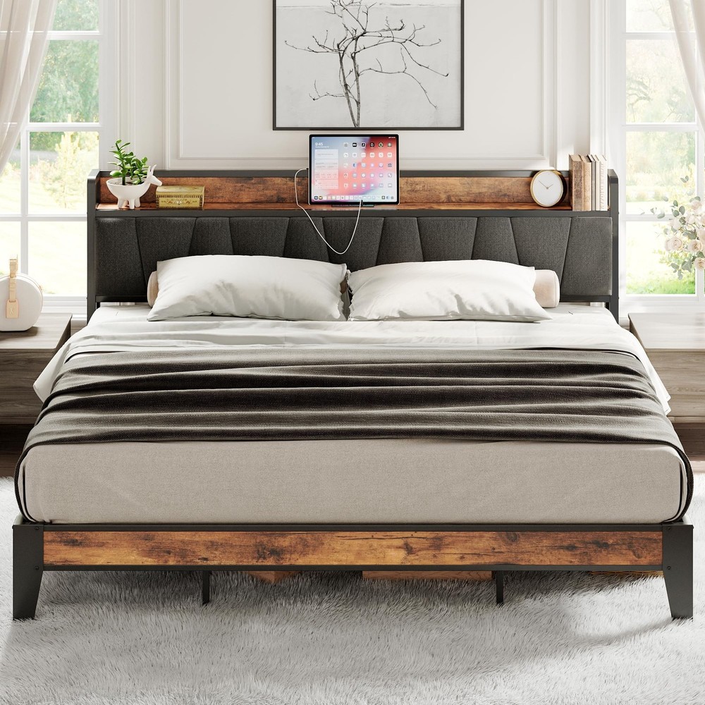 LIKIMIO King Size Bed Frame, Storage Headboard with Charging Station, Solid a...