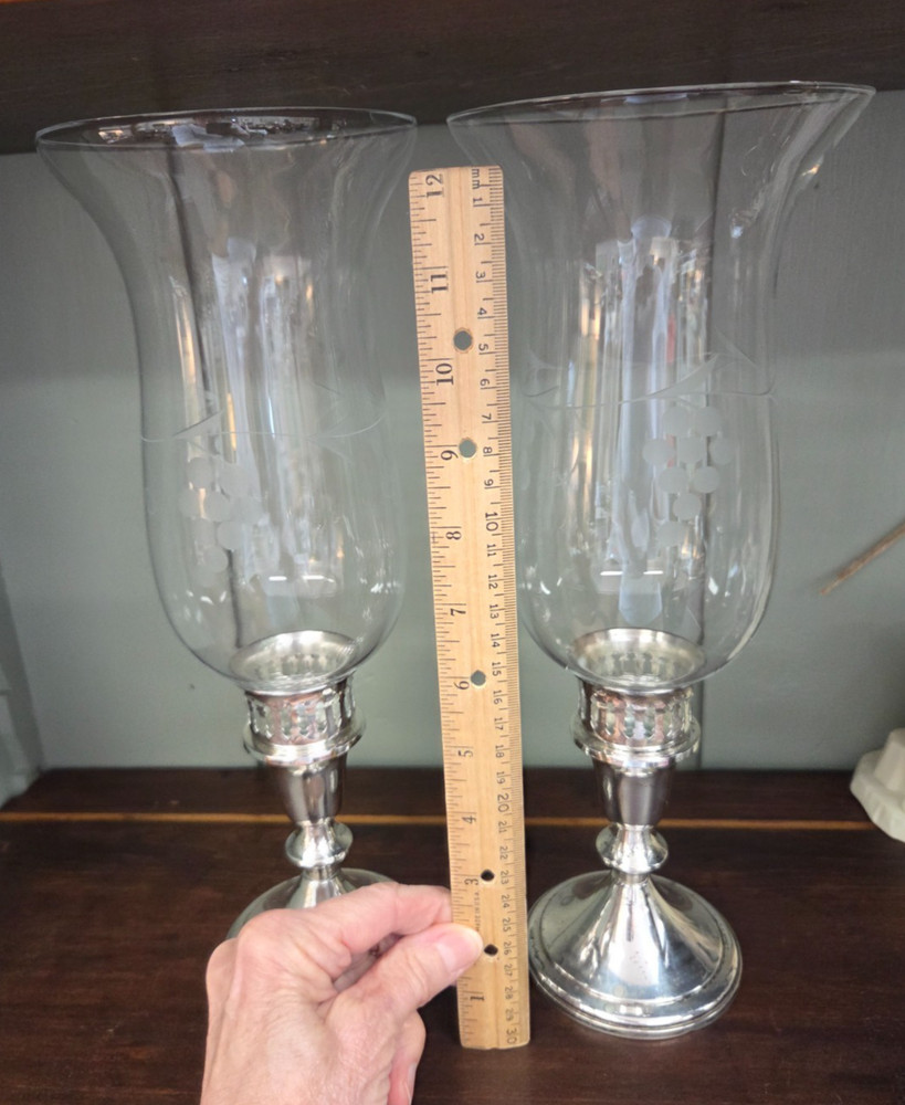 Pair Towle Sterling Silver Candlesticks Filagree Ferrule Inserts Etched Globes