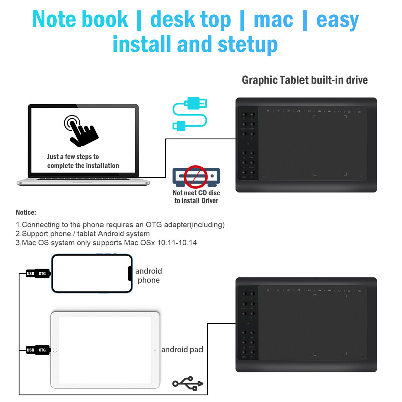 Digital Graphic Drawing Tablet w/ Battery-free Pen for Mac, Windows PC & Android
