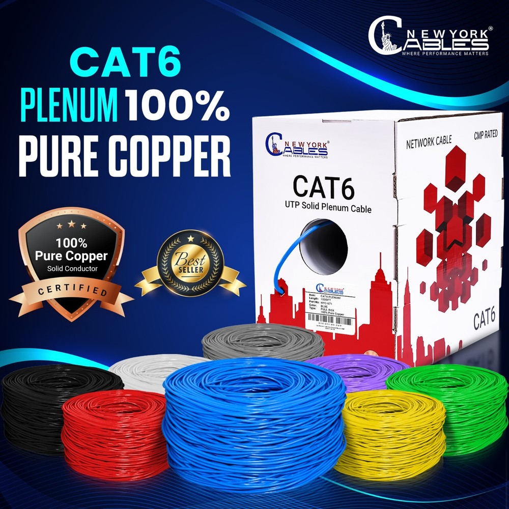 CAT6 Plenum (CMP) 1000ft Solid Copper 550MHz 23AWG UTP Bulk Ethernet Cable Blue