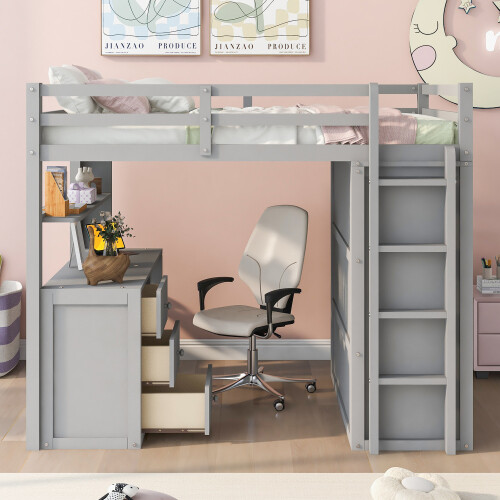 Twin Full Size Loft Bed with Desk Wardrobe Storage Cabinet Solid Wood Bed Frames
