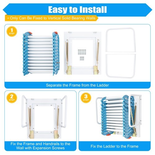 Attic Ladder Wall Mounted Ladder Folding Stairs 12 Steps Pull Down Ladder