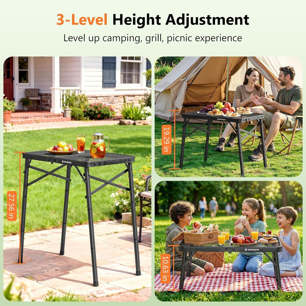 Folding Grill Table for Outside, 3 Height Adjustable Small Camping Table with Me