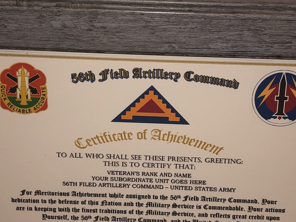 56TH FIELD ARTILLERY COMMAND / BRIGADE - COA / (COMMEMORATIVE CERTIFICATE)