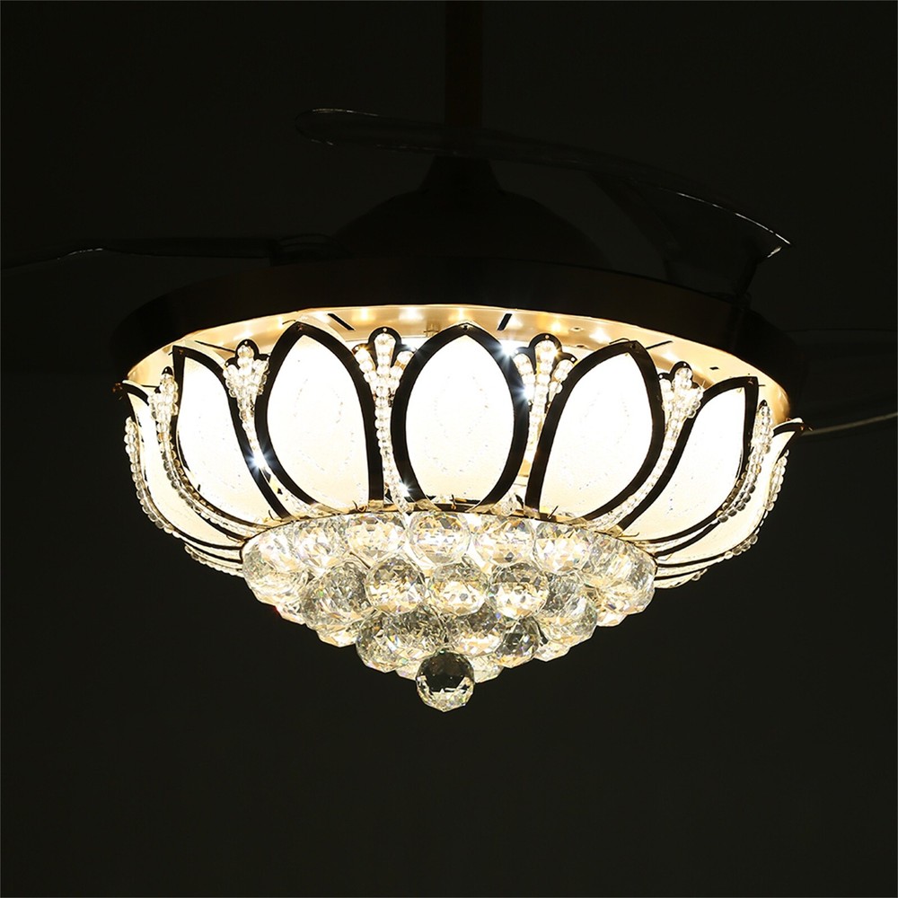 Crystal LED Chandelier Invisible Ceiling Fan Light Ceiling Lamp w/Remote Control